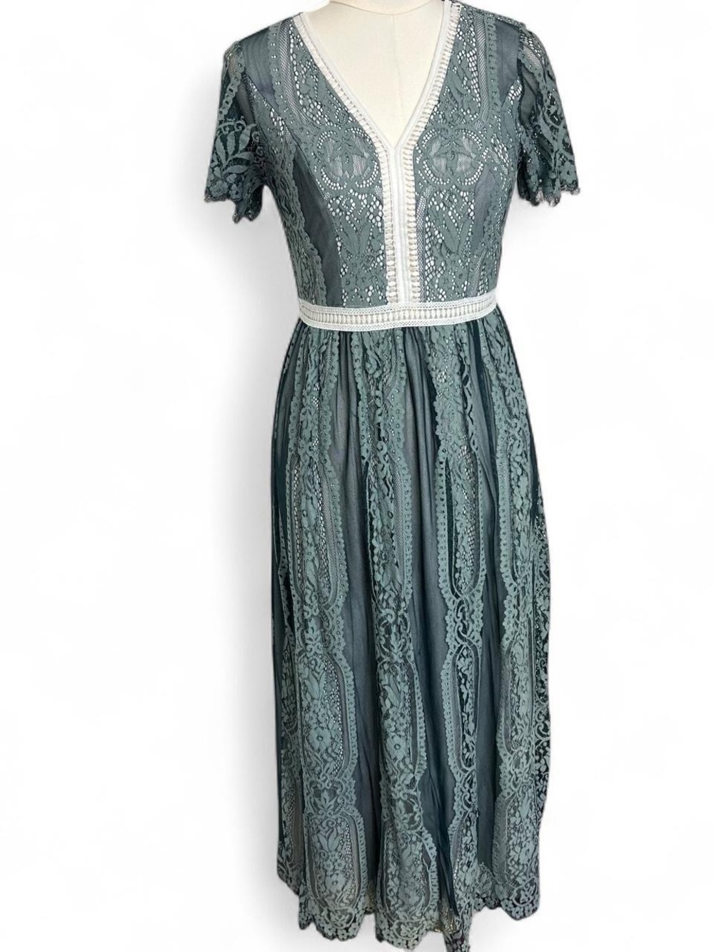 Teal aqua blue floral cottagecore maxi dress boho spring fall flowy long lace